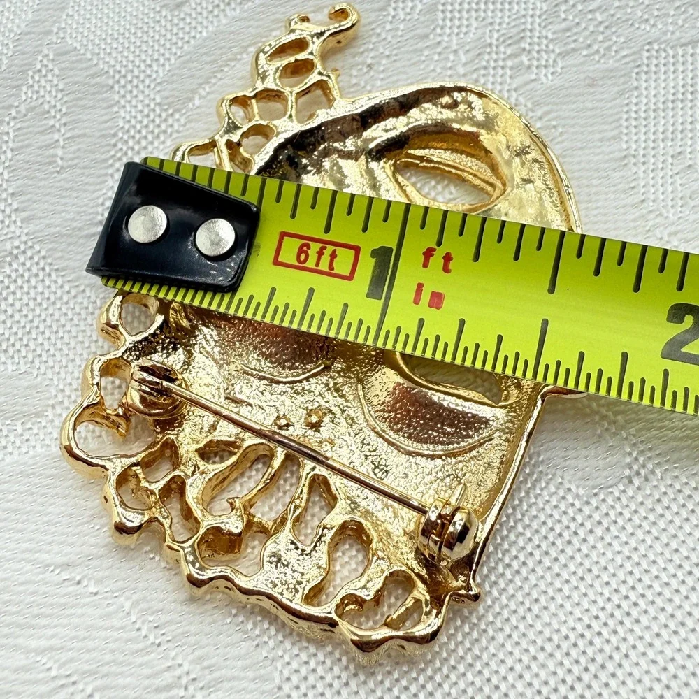 Vintage Gold Tone Theater Mask Woman Face Brooch w/ Rhinestones and Flowing Hair